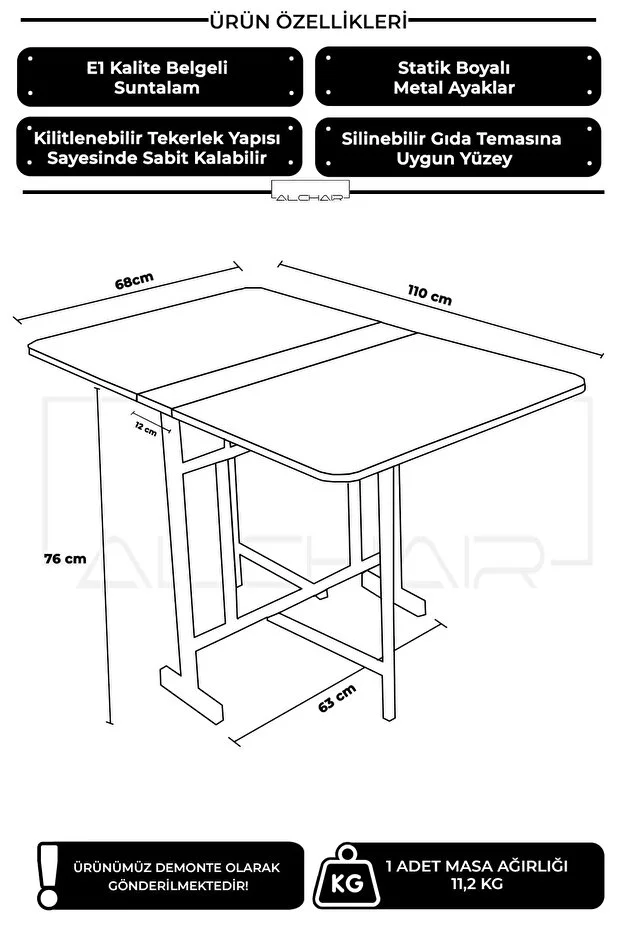 Almira 70x110 Atlantik Çam Açılabilir Katlanabilir Tekerlekli Masa